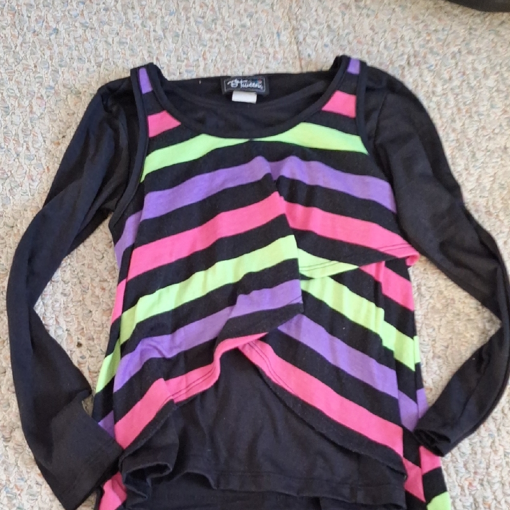 Hannah Black Top with Pink, Green, and Purple Stripes